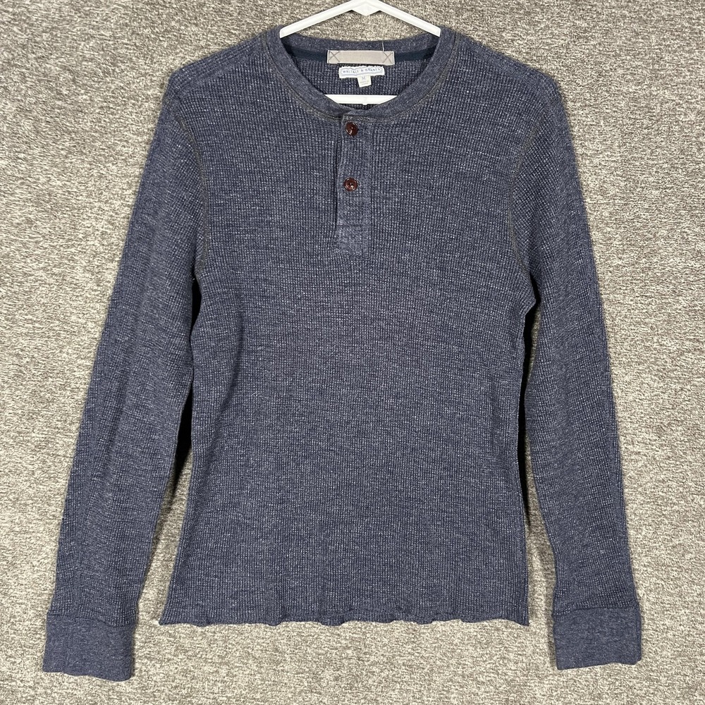 Wallace & Barnes Henley Shirt Mens Medium Blue Thermal Long Sleeve Cotton Knit